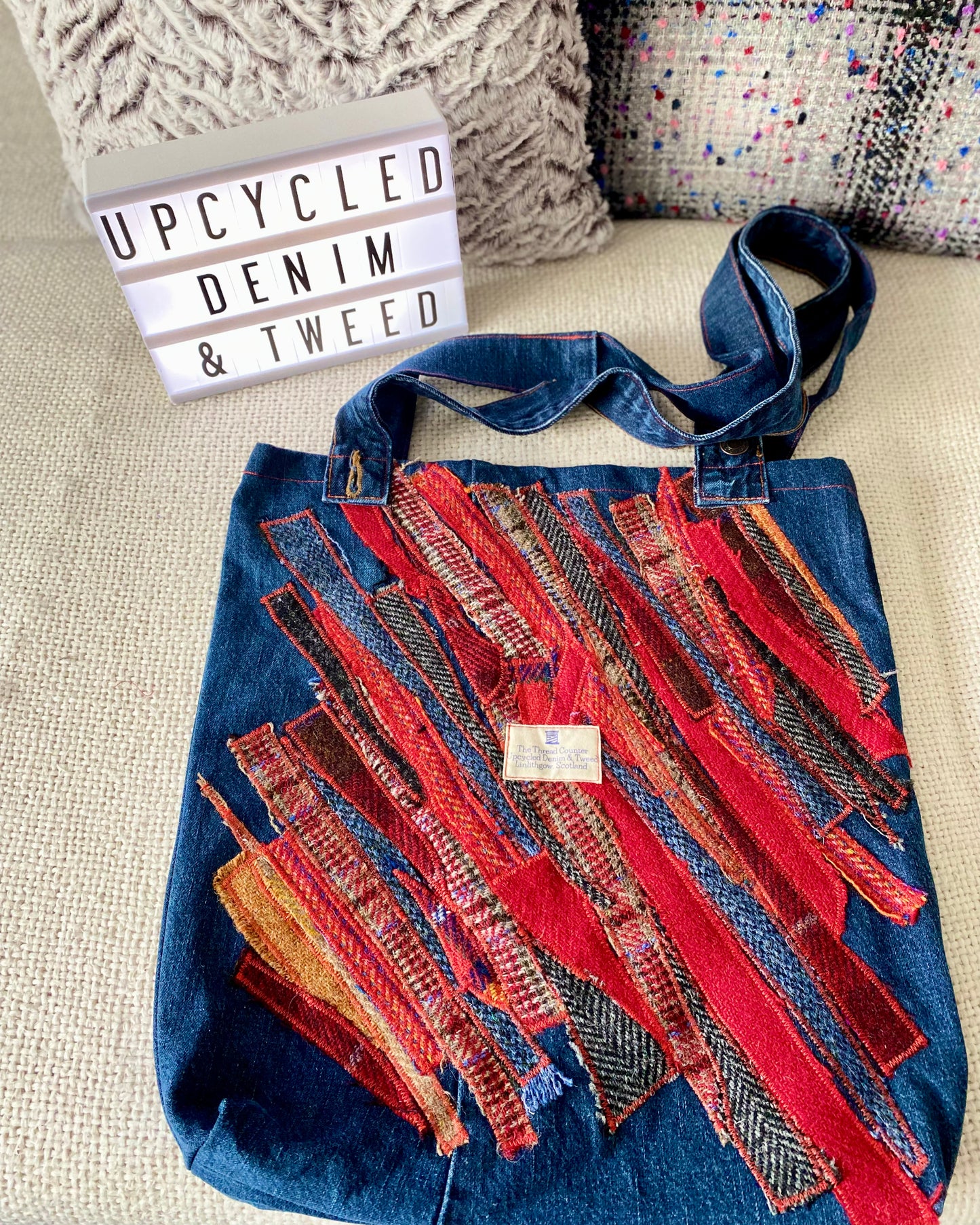 Tote Bag - Upcycled Denim & Tweed