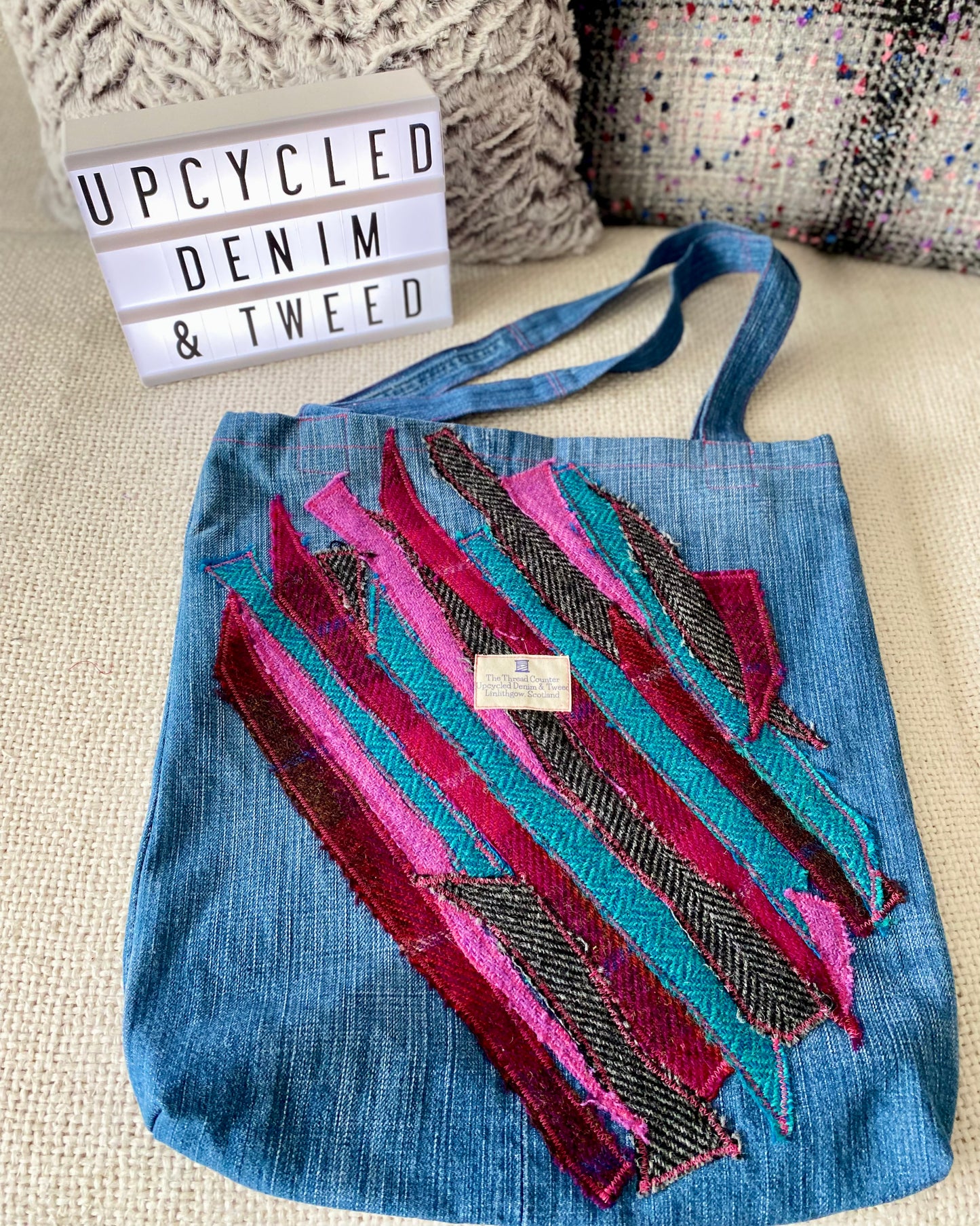 Tote Bag - Upcycled Denim & Tweed